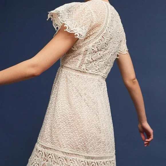 Anthropologie Ranna Gill Larissa Lace Dress Cream Ivory Short Sleeve, Sz Small - Picture 5 of 12